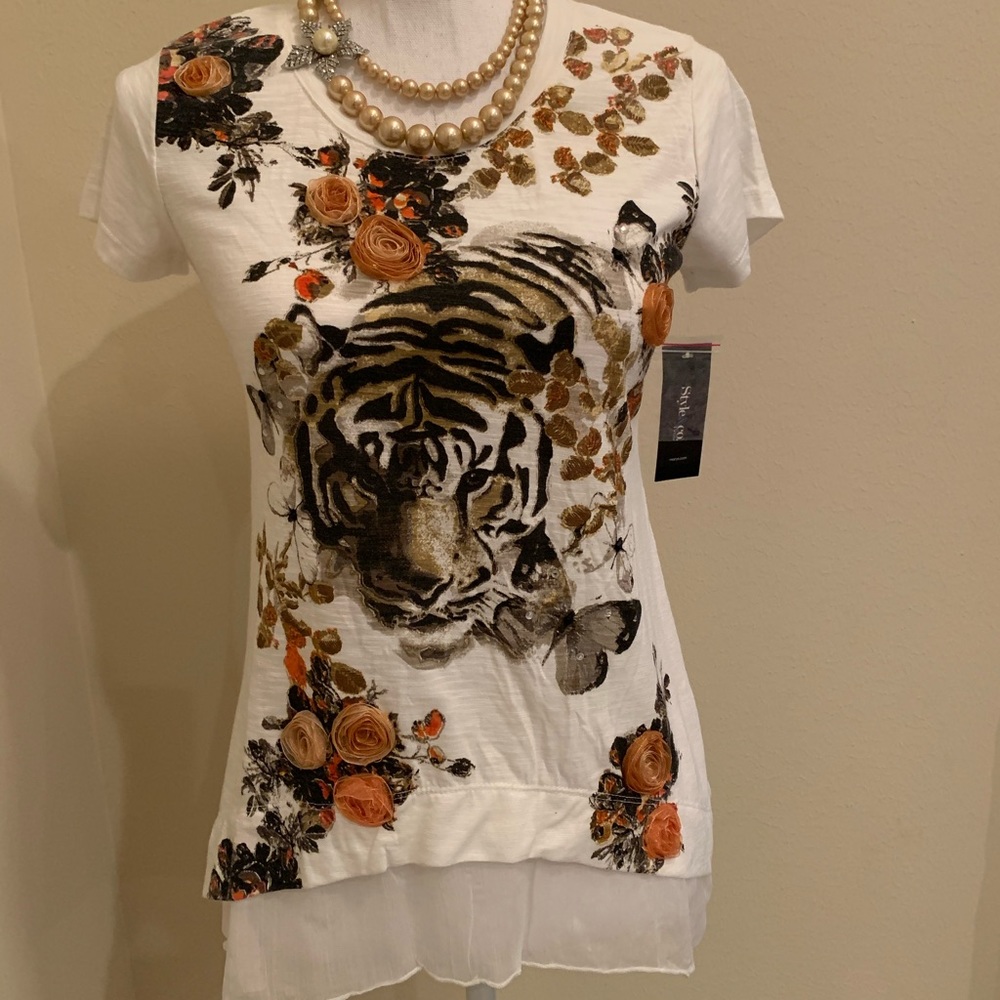 Style&Co Tiger Romantic Top with Tulle and Roses